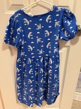 Mini Boden Blue Puff-Sleeve Bird Print Dress